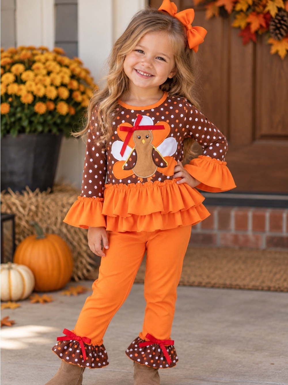 Brand new long sleeve polka dot Thanksgiving Turkey Dress and Ruffle Pants Set